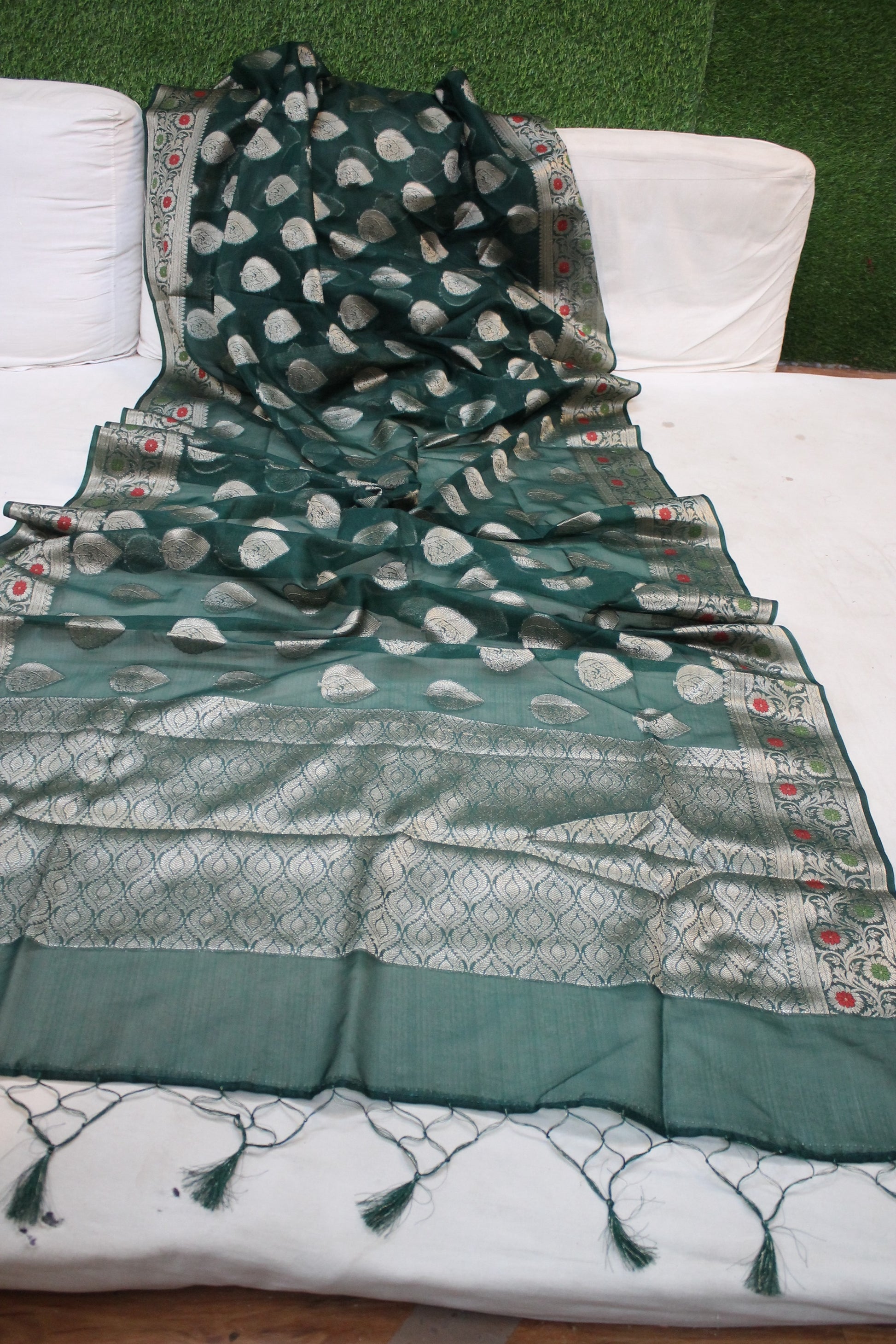 Enchanting Bottle Green Kora Organza Handloom Banarasi Saree by Shades Of Benares - banarasi - banarasi saree shop