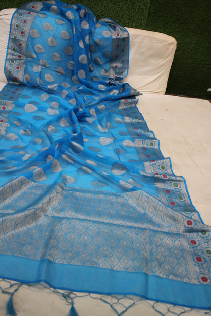 Fine Blue Kora Organza Handloom Banarasi Saree - Limited Edition by Shades Of Benares - banarasi - banarasi saree shop