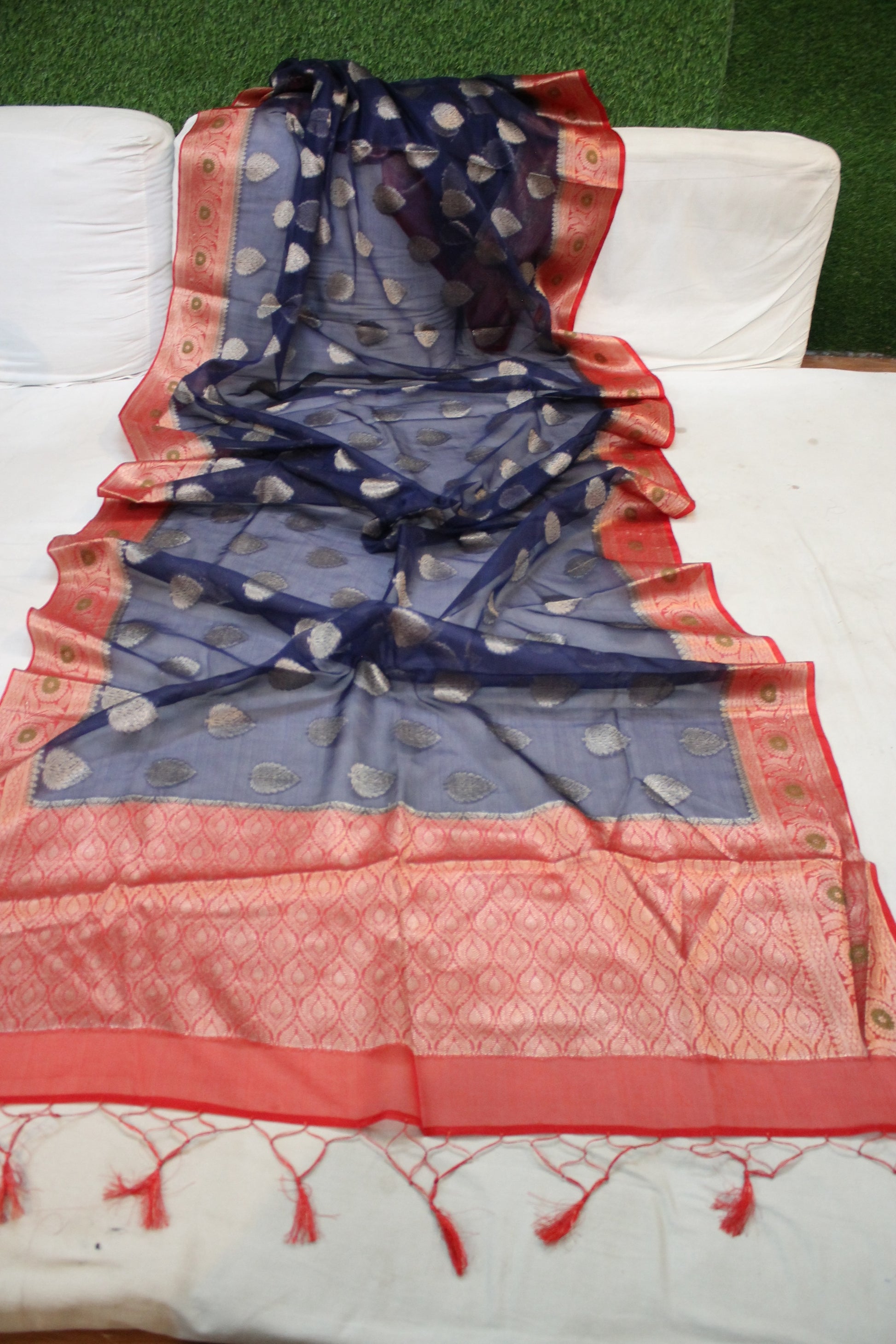 Navy Blue Kora Organza Handloom Banarasi Saree with Red Border by Shades Of Benares - banarasi - banarasi saree shop