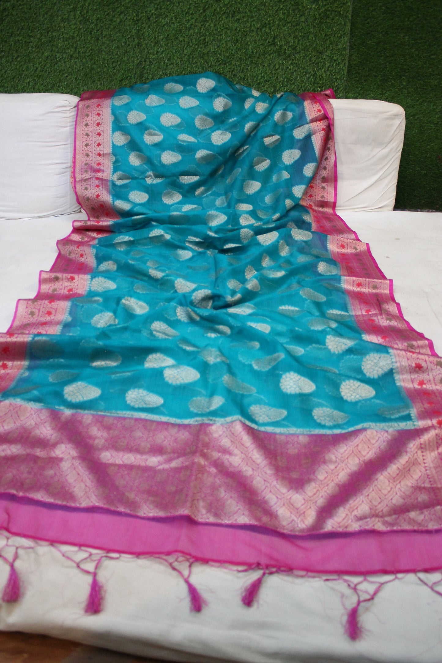 Seablue Kora Organza Handloom Banarasi Saree with Pink Border by Shades Of Benares - banarasi - banarasi saree shop