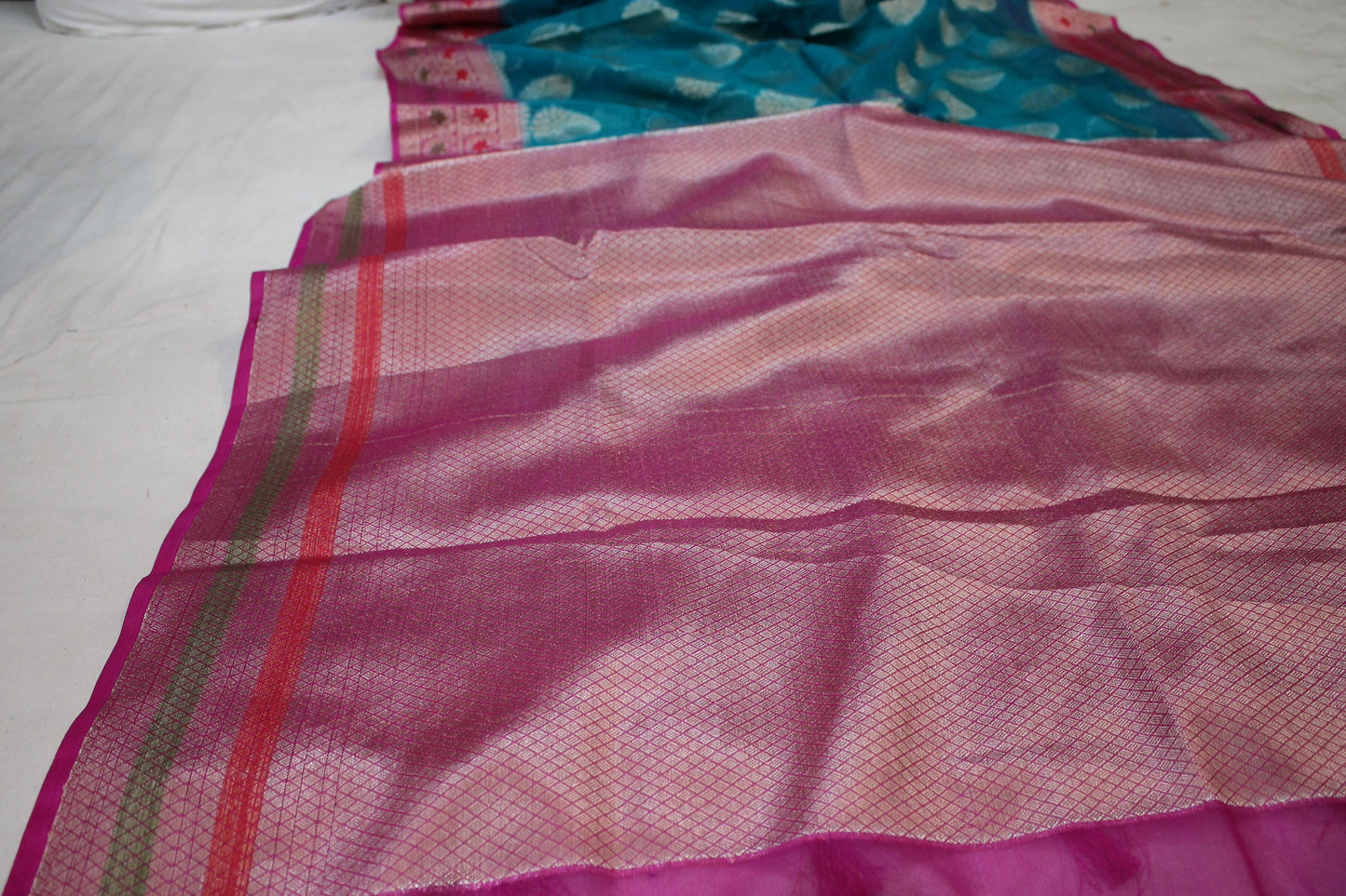 Seablue Kora Organza Handloom Banarasi Saree with Pink Border by Shades Of Benares - banarasi - banarasi saree shop