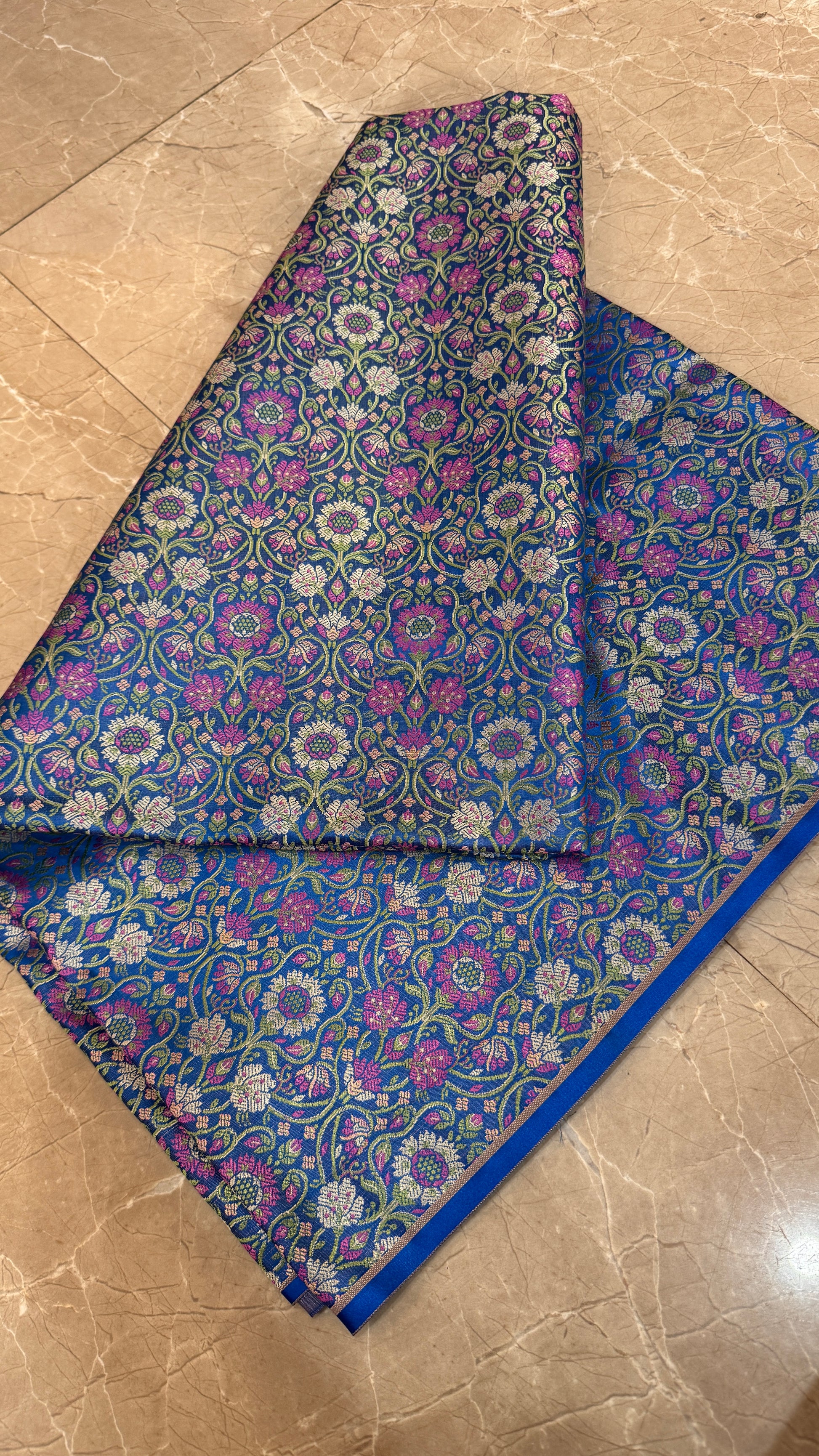 Imperial Royal Blue Floral Couture Tanchui Brocade — Pure Silk Banaras Dress Material (By Meter) by Shades Of Banaras - banarasi - banarasi saree shop - banarasi saree manufacturers - banarasi saree wholesale - banaraasi sarees - banarasi sari - banarasi saris