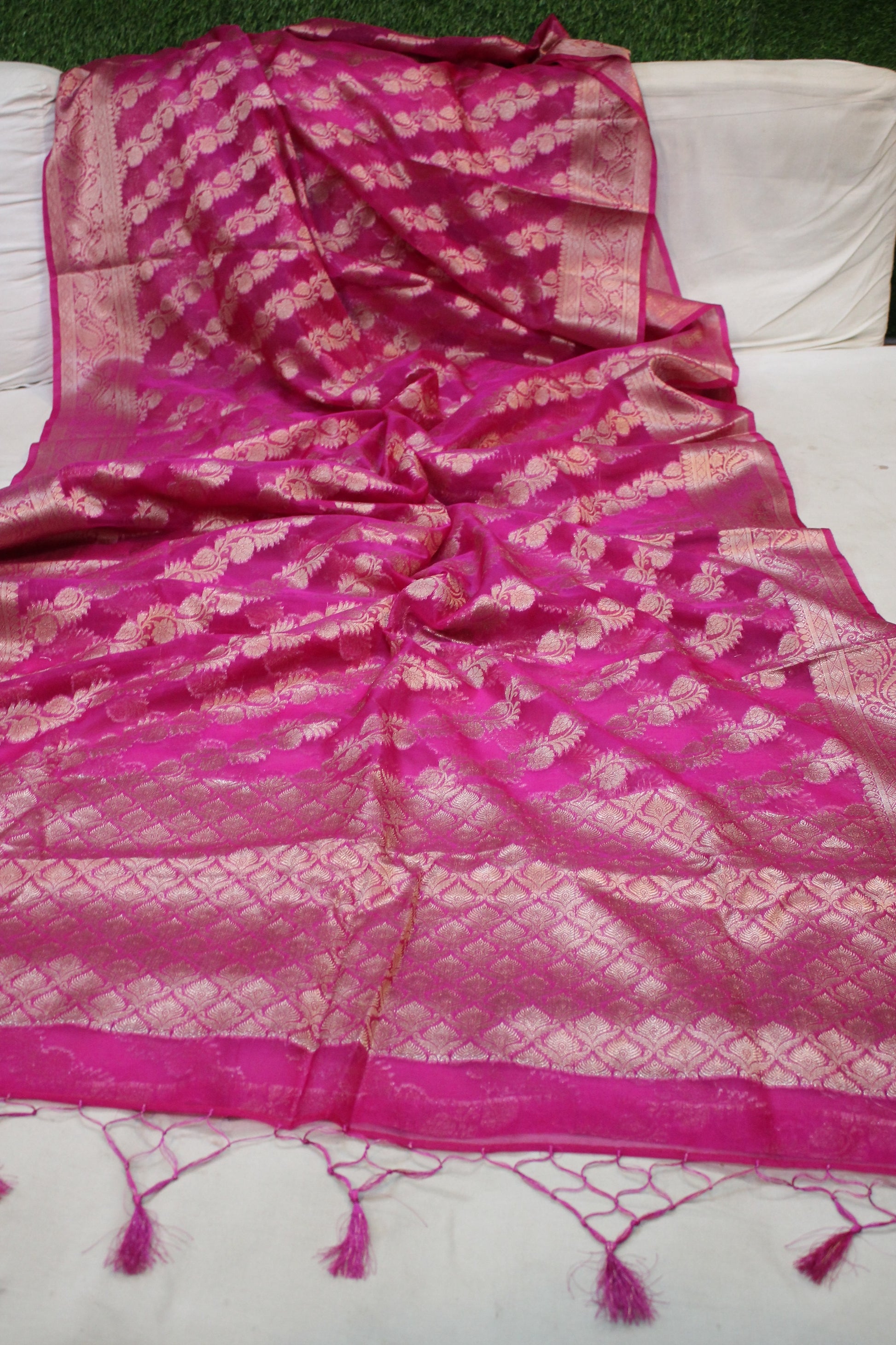 Ravishing Rani Pink Kora Organza Handloom Banarasi Saree by Shades Of Benares - banarasi - banarasi saree shop