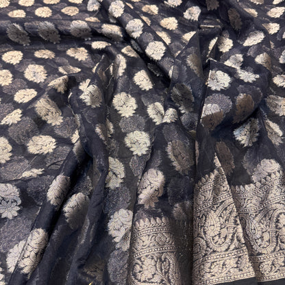 Midnight Navy Cotton Organza Handloom Saree with Gold Zari Butis by Shades Of Banaras - banarasi - banarasi saree shop - banarasi saree manufacturers - banarasi saree wholesale - banaraasi sarees - banarasi sari - banarasi saris