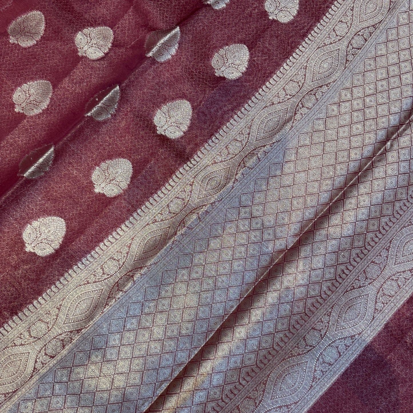 Maroon Cotton Organza Handloom Saree with Gold Zari Butis by Shades Of Banaras - banarasi - banarasi saree shop - banarasi saree manufacturers - banarasi saree wholesale - banaraasi sarees - banarasi sari - banarasi saris