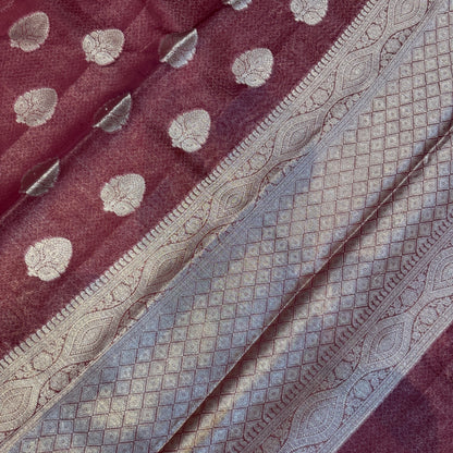 Maroon Cotton Organza Handloom Saree with Gold Zari Butis by Shades Of Banaras - banarasi - banarasi saree shop - banarasi saree manufacturers - banarasi saree wholesale - banaraasi sarees - banarasi sari - banarasi saris