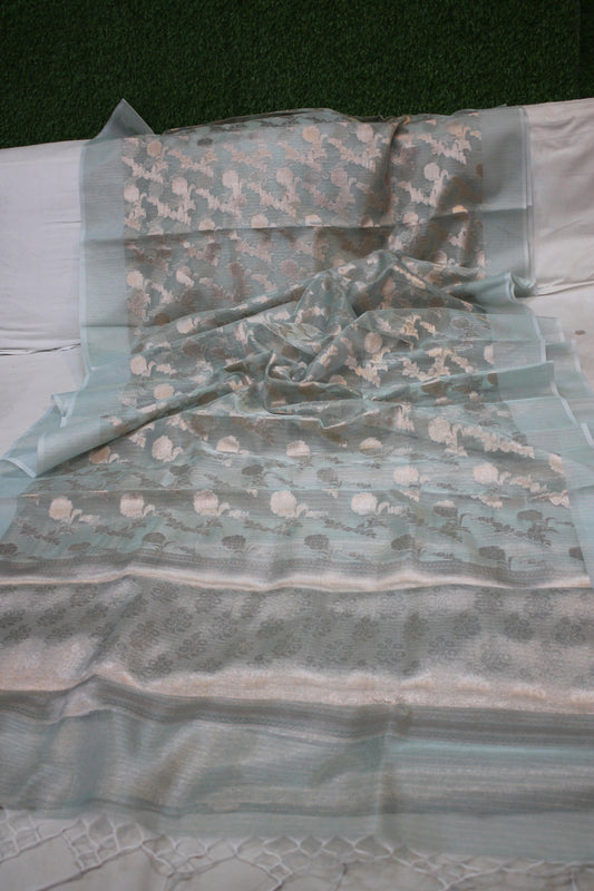 Elegant Sea Green Pure Tissue Silk Saree | Handwoven Gold Jaal Design by Shades Of Benares - banarasi - banarasi saree shop