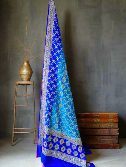 Blue Pure Chiffon Banarasi Bandhani Saree with Bandhani Blouse by Shades Of Banaras - banarasi - banarasi saree shop - banarasi saree manufacturers - banarasi saree wholesale - banaraasi sarees