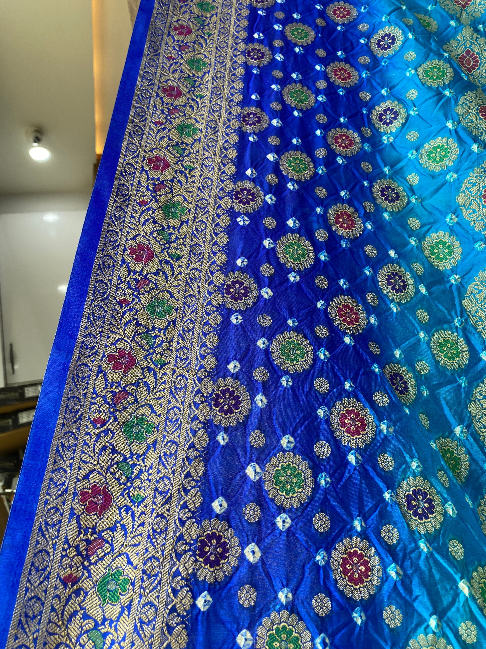 Blue Pure Chiffon Banarasi Bandhani Saree with Bandhani Blouse by Shades Of Banaras - banarasi - banarasi saree shop - banarasi saree manufacturers - banarasi saree wholesale - banaraasi sarees