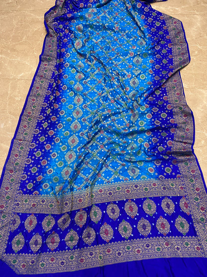 Blue Pure Chiffon Banarasi Bandhani Saree with Bandhani Blouse by Shades Of Banaras - banarasi - banarasi saree shop - banarasi saree manufacturers - banarasi saree wholesale - banaraasi sarees