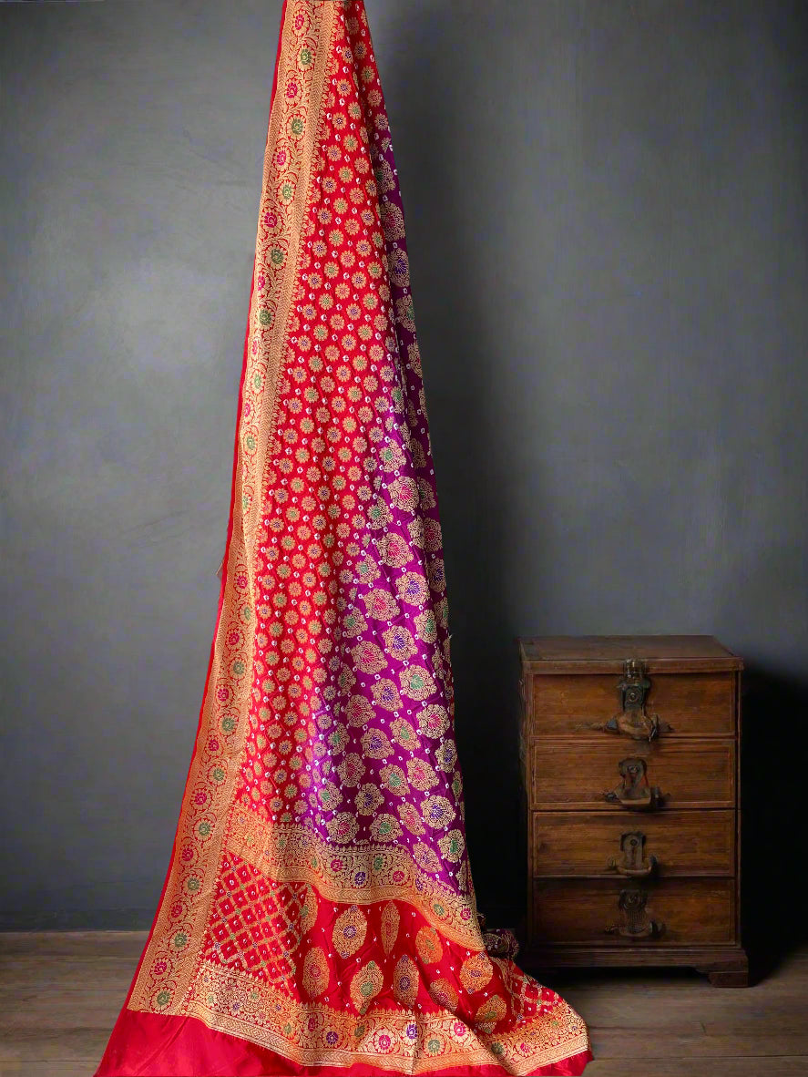 Red & Purple Chiffon Banarasi Bandhani Saree with Minakari Work by Shades Of Banaras - banarasi - banarasi saree shop - banarasi saree manufacturers - banarasi saree wholesale - banaraasi sarees