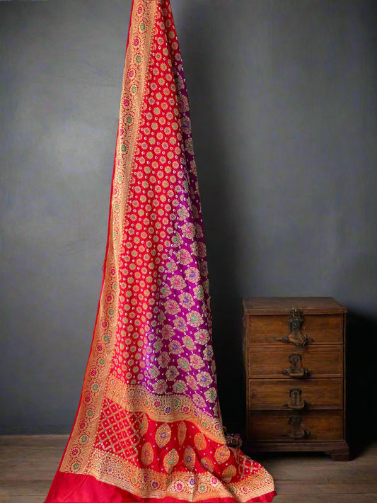 Red & Purple Chiffon Banarasi Bandhani Saree with Minakari Work by Shades Of Banaras - banarasi - banarasi saree shop - banarasi saree manufacturers - banarasi saree wholesale - banaraasi sarees