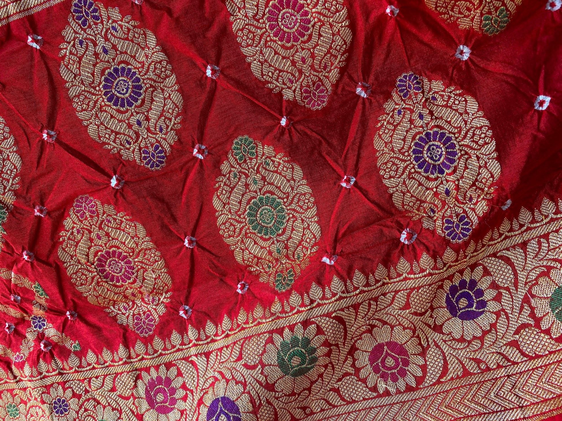 Red & Purple Chiffon Banarasi Bandhani Saree with Minakari Work by Shades Of Banaras - banarasi - banarasi saree shop - banarasi saree manufacturers - banarasi saree wholesale - banaraasi sarees