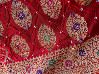 Red & Purple Chiffon Banarasi Bandhani Saree with Minakari Work by Shades Of Banaras - banarasi - banarasi saree shop - banarasi saree manufacturers - banarasi saree wholesale - banaraasi sarees