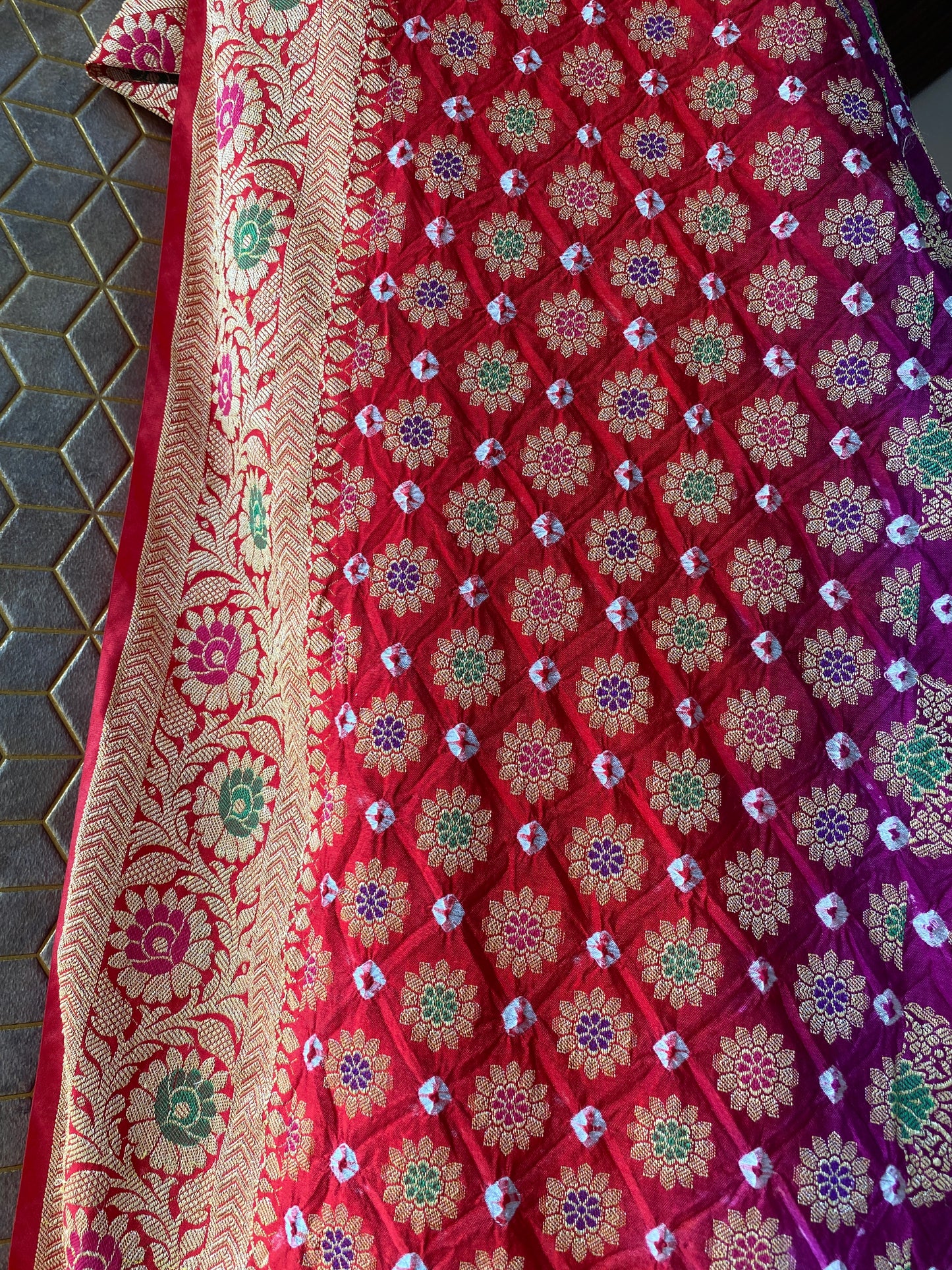 Red & Purple Chiffon Banarasi Bandhani Saree with Minakari Work by Shades Of Banaras - banarasi - banarasi saree shop - banarasi saree manufacturers - banarasi saree wholesale - banaraasi sarees