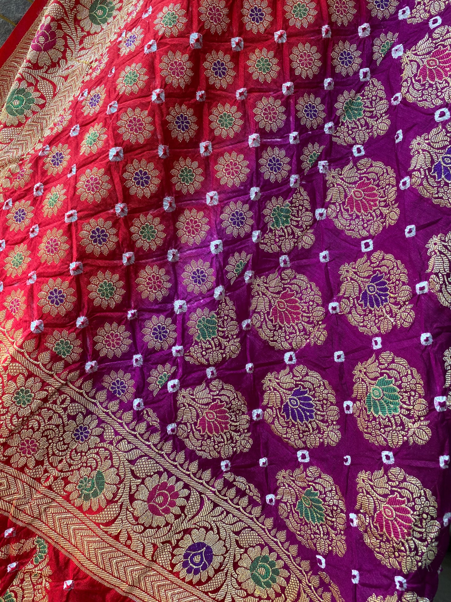 Red & Purple Chiffon Banarasi Bandhani Saree with Minakari Work by Shades Of Banaras - banarasi - banarasi saree shop - banarasi saree manufacturers - banarasi saree wholesale - banaraasi sarees