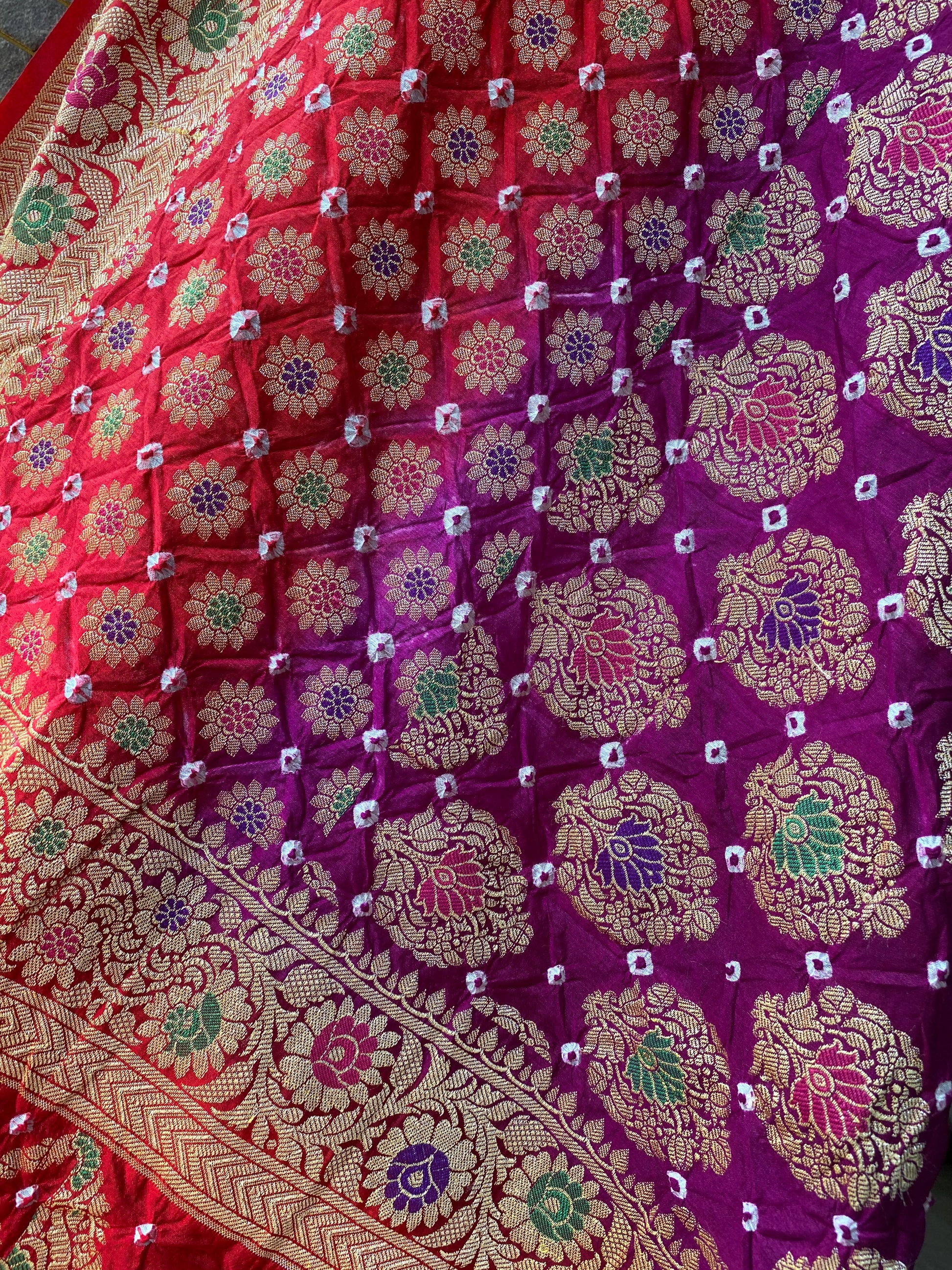 Red & Purple Chiffon Banarasi Bandhani Saree with Minakari Work by Shades Of Banaras - banarasi - banarasi saree shop - banarasi saree manufacturers - banarasi saree wholesale - banaraasi sarees