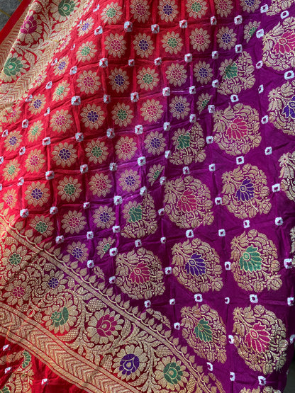 Red & Purple Chiffon Banarasi Bandhani Saree with Minakari Work by Shades Of Banaras - banarasi - banarasi saree shop - banarasi saree manufacturers - banarasi saree wholesale - banaraasi sarees