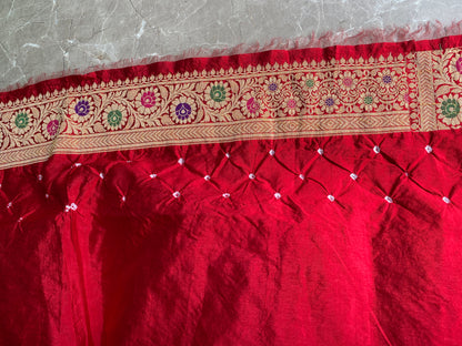 Red & Purple Chiffon Banarasi Bandhani Saree with Minakari Work by Shades Of Banaras - banarasi - banarasi saree shop - banarasi saree manufacturers - banarasi saree wholesale - banaraasi sarees