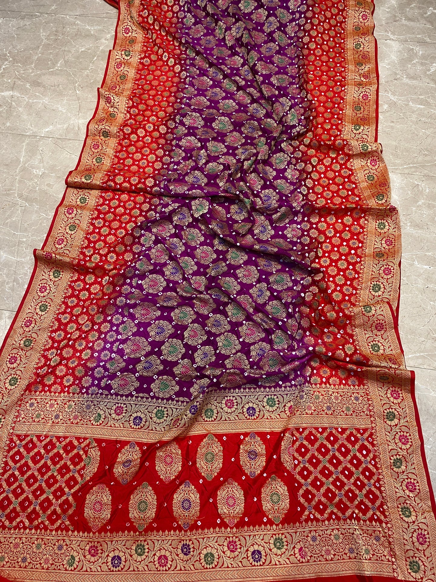 Red & Purple Chiffon Banarasi Bandhani Saree with Minakari Work by Shades Of Banaras - banarasi - banarasi saree shop - banarasi saree manufacturers - banarasi saree wholesale - banaraasi sarees
