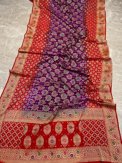 Red & Purple Chiffon Banarasi Bandhani Saree with Minakari Work by Shades Of Banaras - banarasi - banarasi saree shop - banarasi saree manufacturers - banarasi saree wholesale - banaraasi sarees
