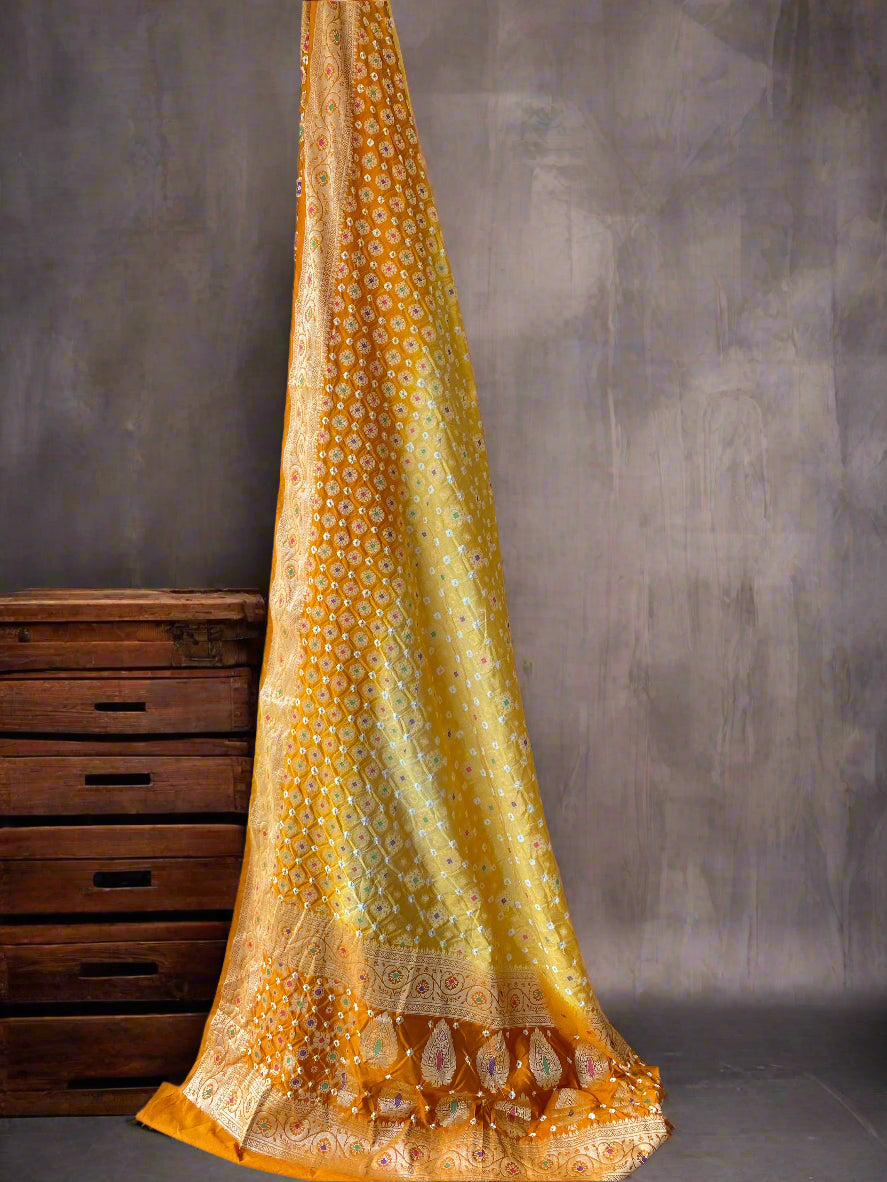 Gold & Yellow Chiffon Banarasi Bandhani Saree with Minakari by Shades Of Banaras - banarasi - banarasi saree shop - banarasi saree manufacturers - banarasi saree wholesale - banaraasi sarees