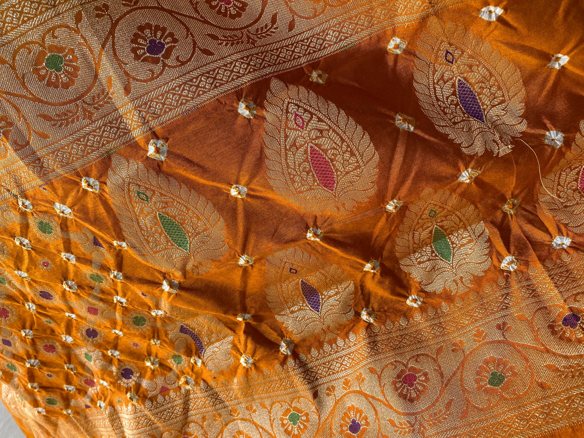 Gold & Yellow Chiffon Banarasi Bandhani Saree with Minakari by Shades Of Banaras - banarasi - banarasi saree shop - banarasi saree manufacturers - banarasi saree wholesale - banaraasi sarees