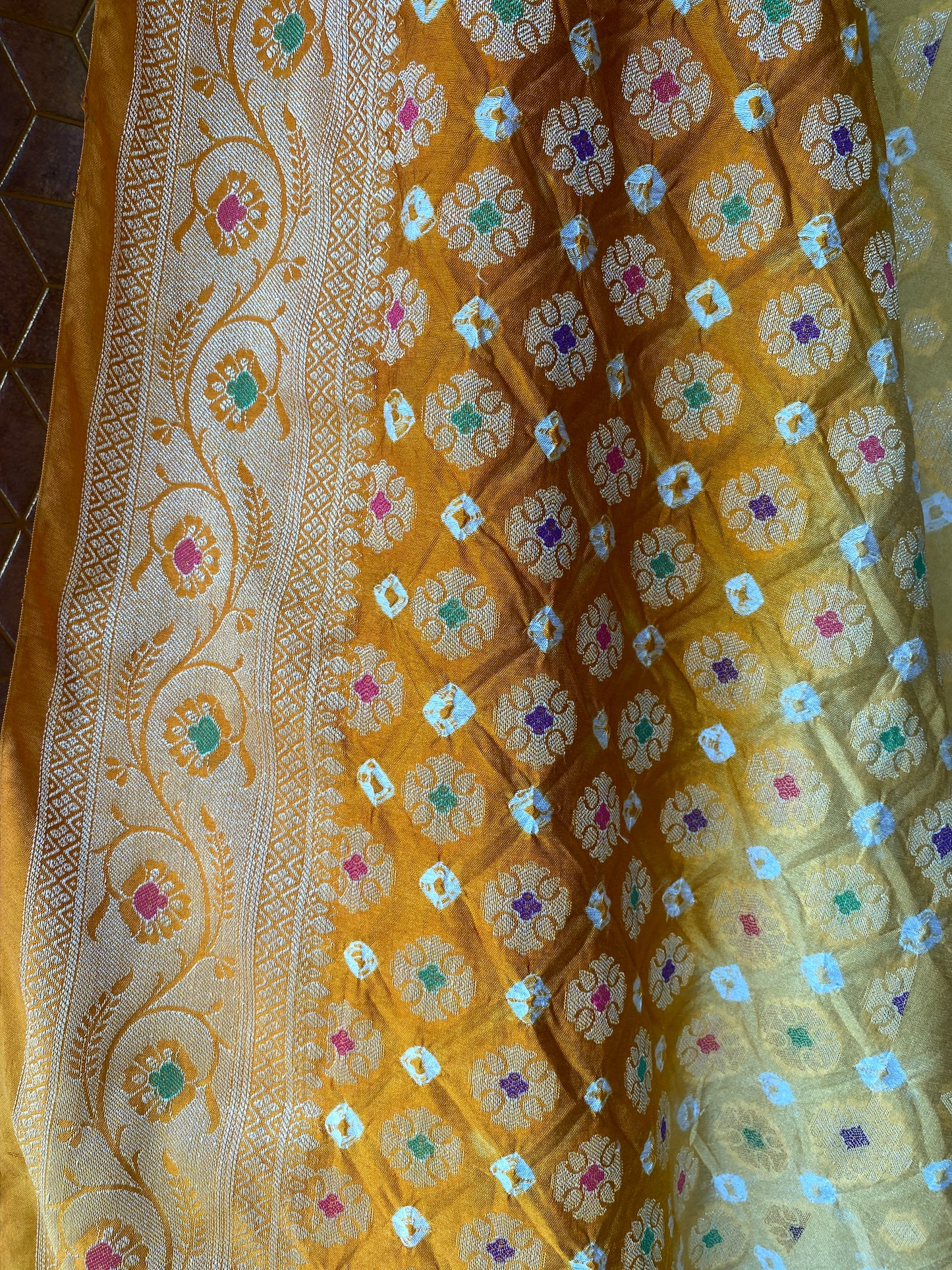Gold & Yellow Chiffon Banarasi Bandhani Saree with Minakari by Shades Of Banaras - banarasi - banarasi saree shop - banarasi saree manufacturers - banarasi saree wholesale - banaraasi sarees