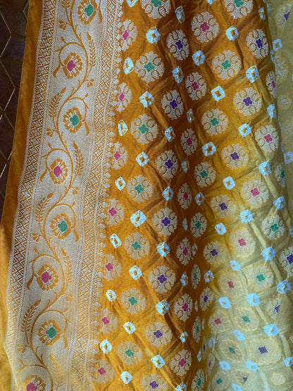 Gold & Yellow Chiffon Banarasi Bandhani Saree with Minakari by Shades Of Banaras - banarasi - banarasi saree shop - banarasi saree manufacturers - banarasi saree wholesale - banaraasi sarees