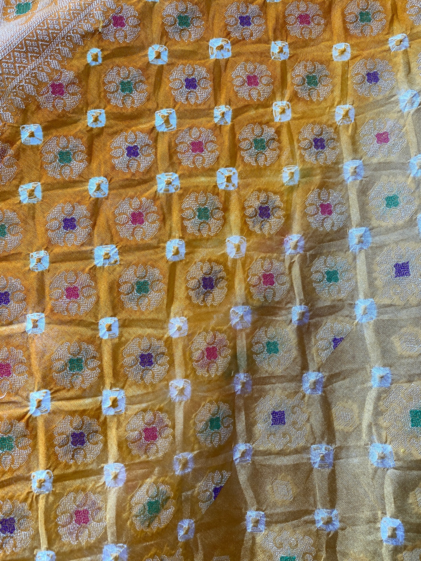 Gold & Yellow Chiffon Banarasi Bandhani Saree with Minakari by Shades Of Banaras - banarasi - banarasi saree shop - banarasi saree manufacturers - banarasi saree wholesale - banaraasi sarees