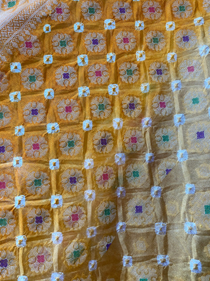 Gold & Yellow Chiffon Banarasi Bandhani Saree with Minakari by Shades Of Banaras - banarasi - banarasi saree shop - banarasi saree manufacturers - banarasi saree wholesale - banaraasi sarees