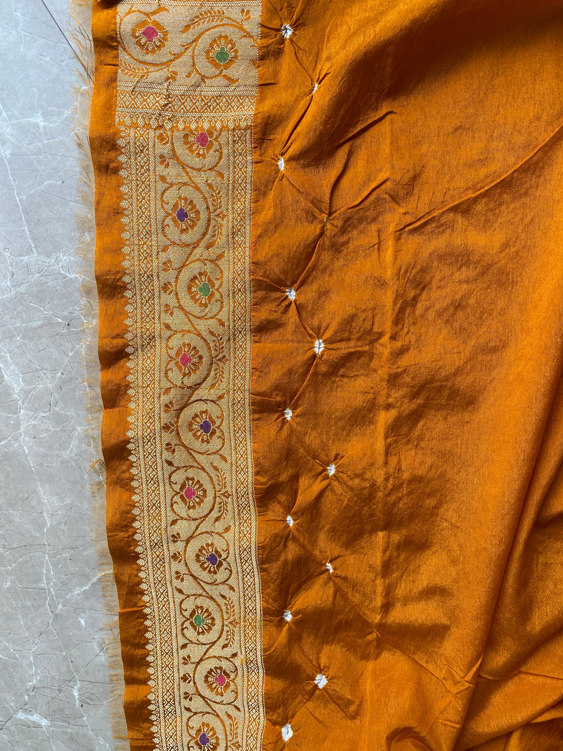 Gold & Yellow Chiffon Banarasi Bandhani Saree with Minakari by Shades Of Banaras - banarasi - banarasi saree shop - banarasi saree manufacturers - banarasi saree wholesale - banaraasi sarees