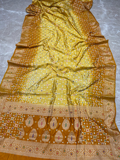 Gold & Yellow Chiffon Banarasi Bandhani Saree with Minakari by Shades Of Banaras - banarasi - banarasi saree shop - banarasi saree manufacturers - banarasi saree wholesale - banaraasi sarees