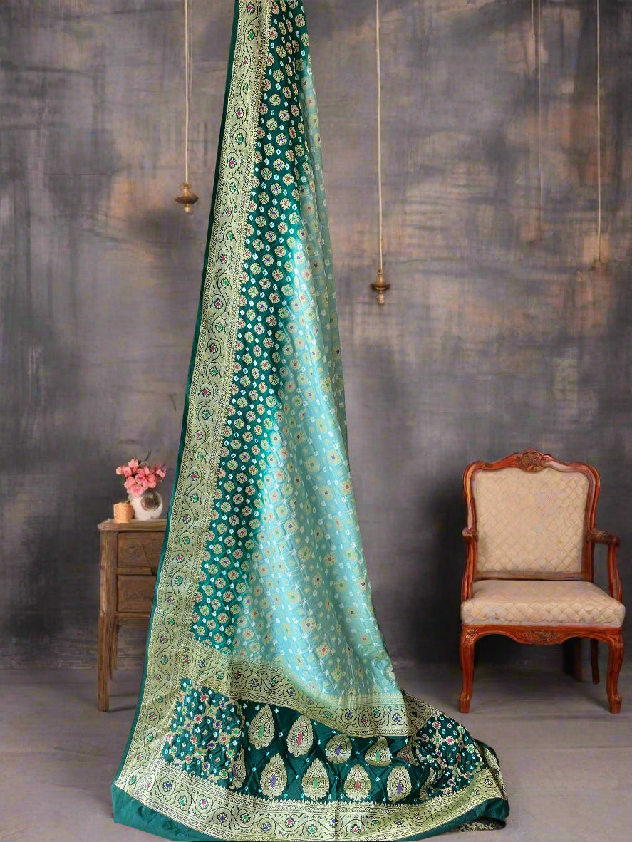Green & Bottle Green Chiffon Banarasi Bandhani Saree with Minakari by Shades Of Banaras - banarasi - banarasi saree shop - banarasi saree manufacturers - banarasi saree wholesale - banaraasi sarees