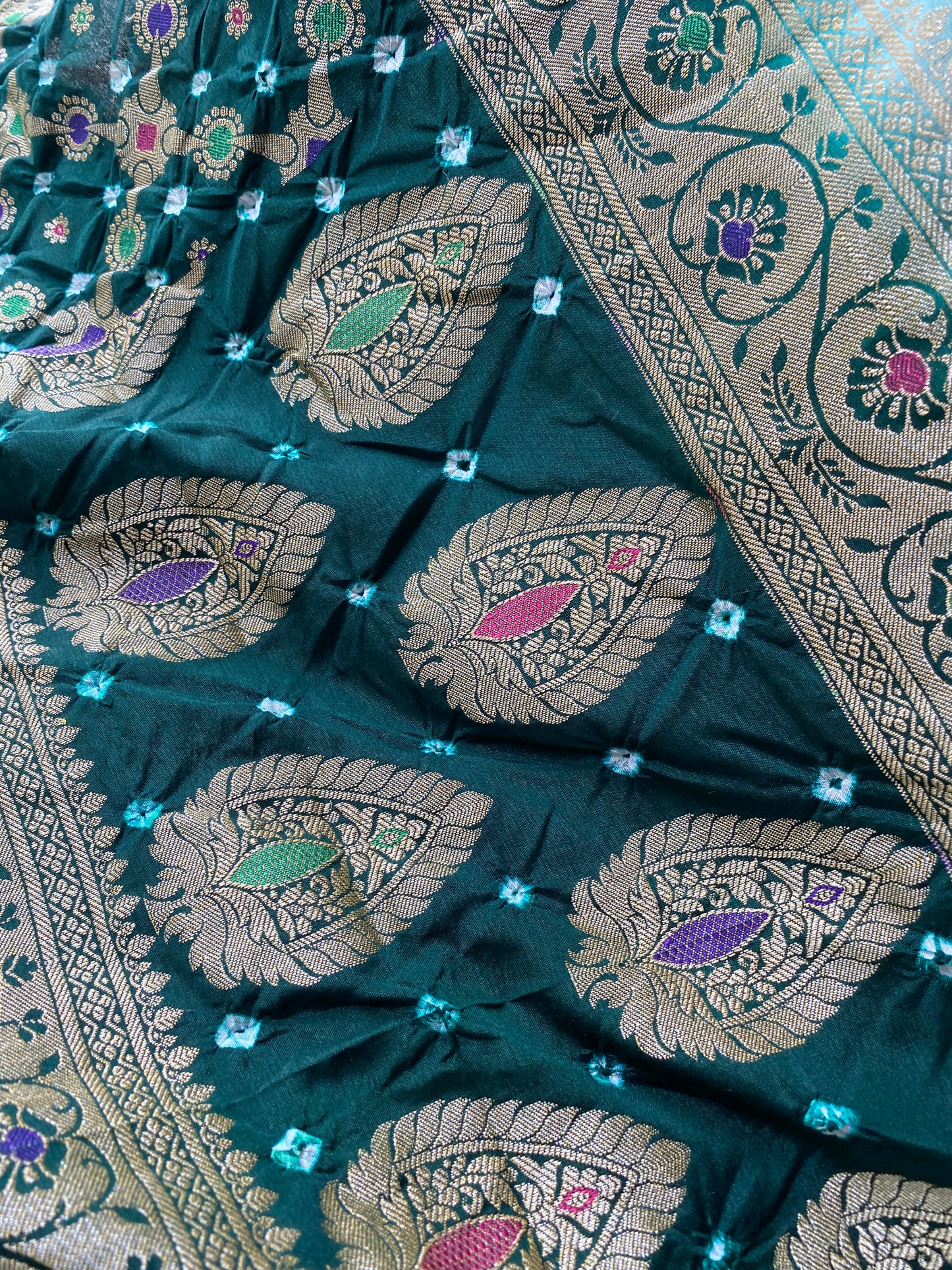 Green & Bottle Green Chiffon Banarasi Bandhani Saree with Minakari by Shades Of Banaras - banarasi - banarasi saree shop - banarasi saree manufacturers - banarasi saree wholesale - banaraasi sarees