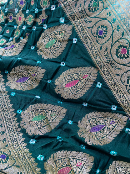 Green & Bottle Green Chiffon Banarasi Bandhani Saree with Minakari by Shades Of Banaras - banarasi - banarasi saree shop - banarasi saree manufacturers - banarasi saree wholesale - banaraasi sarees