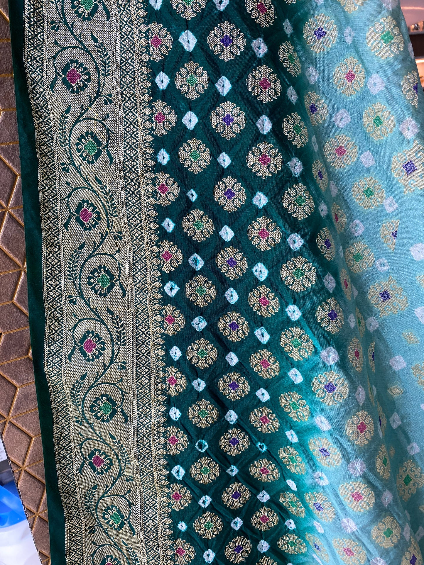 Green & Bottle Green Chiffon Banarasi Bandhani Saree with Minakari by Shades Of Banaras - banarasi - banarasi saree shop - banarasi saree manufacturers - banarasi saree wholesale - banaraasi sarees