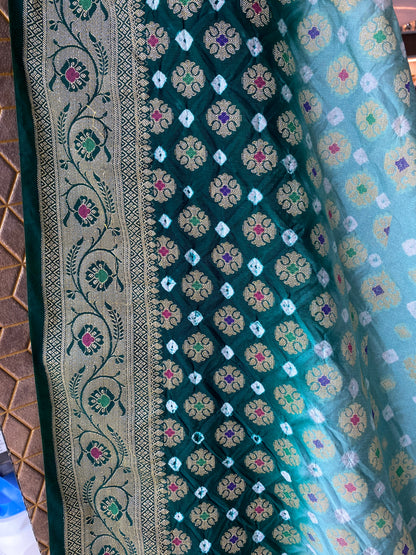 Green & Bottle Green Chiffon Banarasi Bandhani Saree with Minakari by Shades Of Banaras - banarasi - banarasi saree shop - banarasi saree manufacturers - banarasi saree wholesale - banaraasi sarees