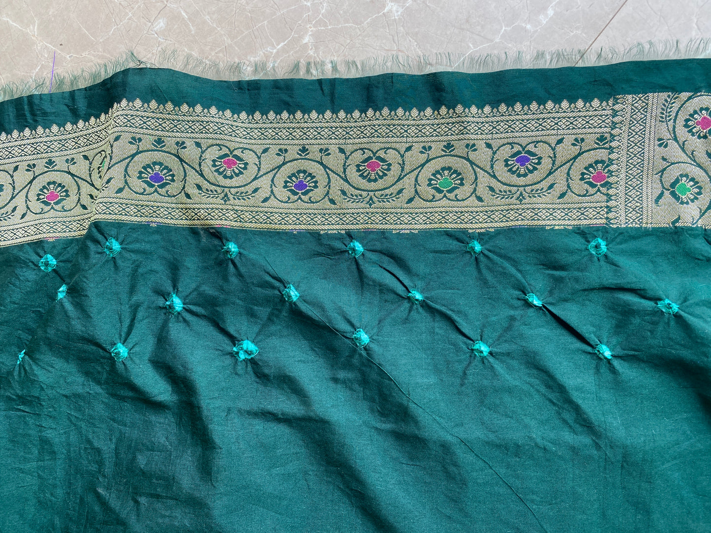 Green & Bottle Green Chiffon Banarasi Bandhani Saree with Minakari by Shades Of Banaras - banarasi - banarasi saree shop - banarasi saree manufacturers - banarasi saree wholesale - banaraasi sarees