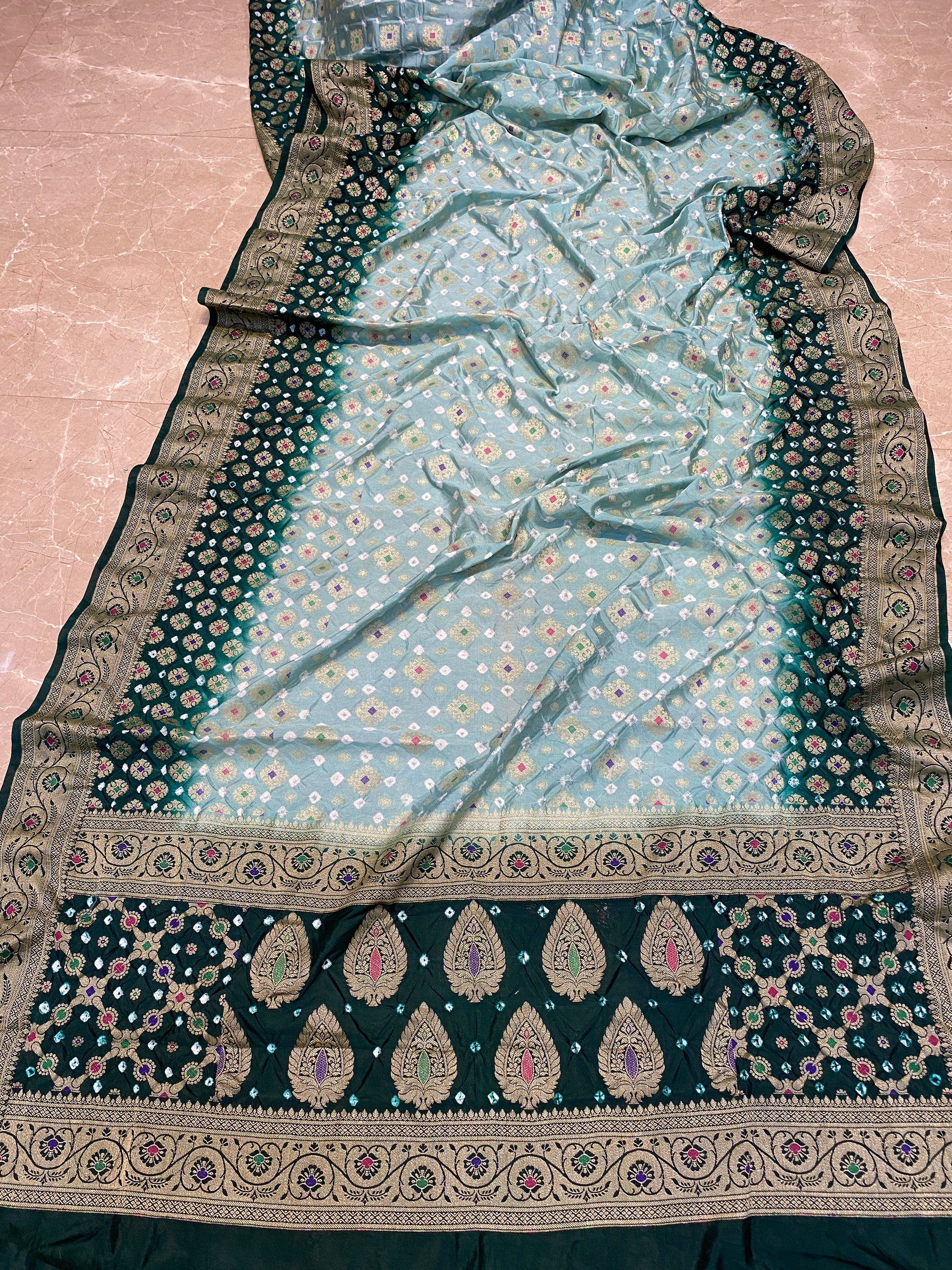 Green & Bottle Green Chiffon Banarasi Bandhani Saree with Minakari by Shades Of Banaras - banarasi - banarasi saree shop - banarasi saree manufacturers - banarasi saree wholesale - banaraasi sarees