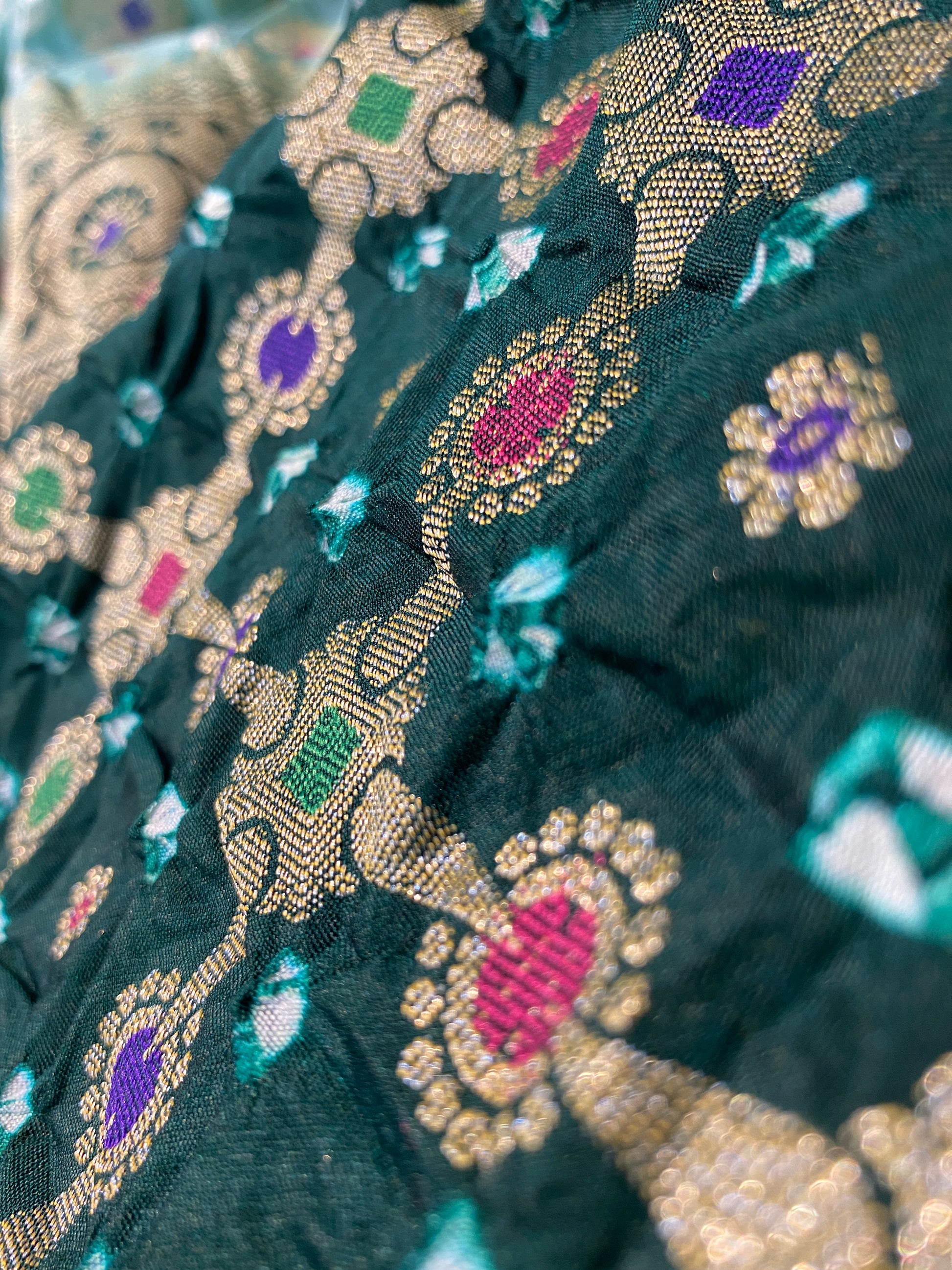 Green & Bottle Green Chiffon Banarasi Bandhani Saree with Minakari by Shades Of Banaras - banarasi - banarasi saree shop - banarasi saree manufacturers - banarasi saree wholesale - banaraasi sarees