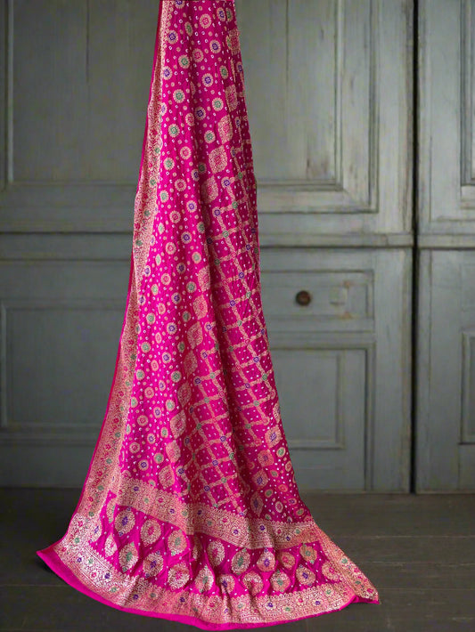 Rani Pink Chiffon Banarasi Bandhani Saree with Minakari Work by Shades Of Banaras - banarasi - banarasi saree shop - banarasi saree manufacturers - banarasi saree wholesale - banaraasi sarees