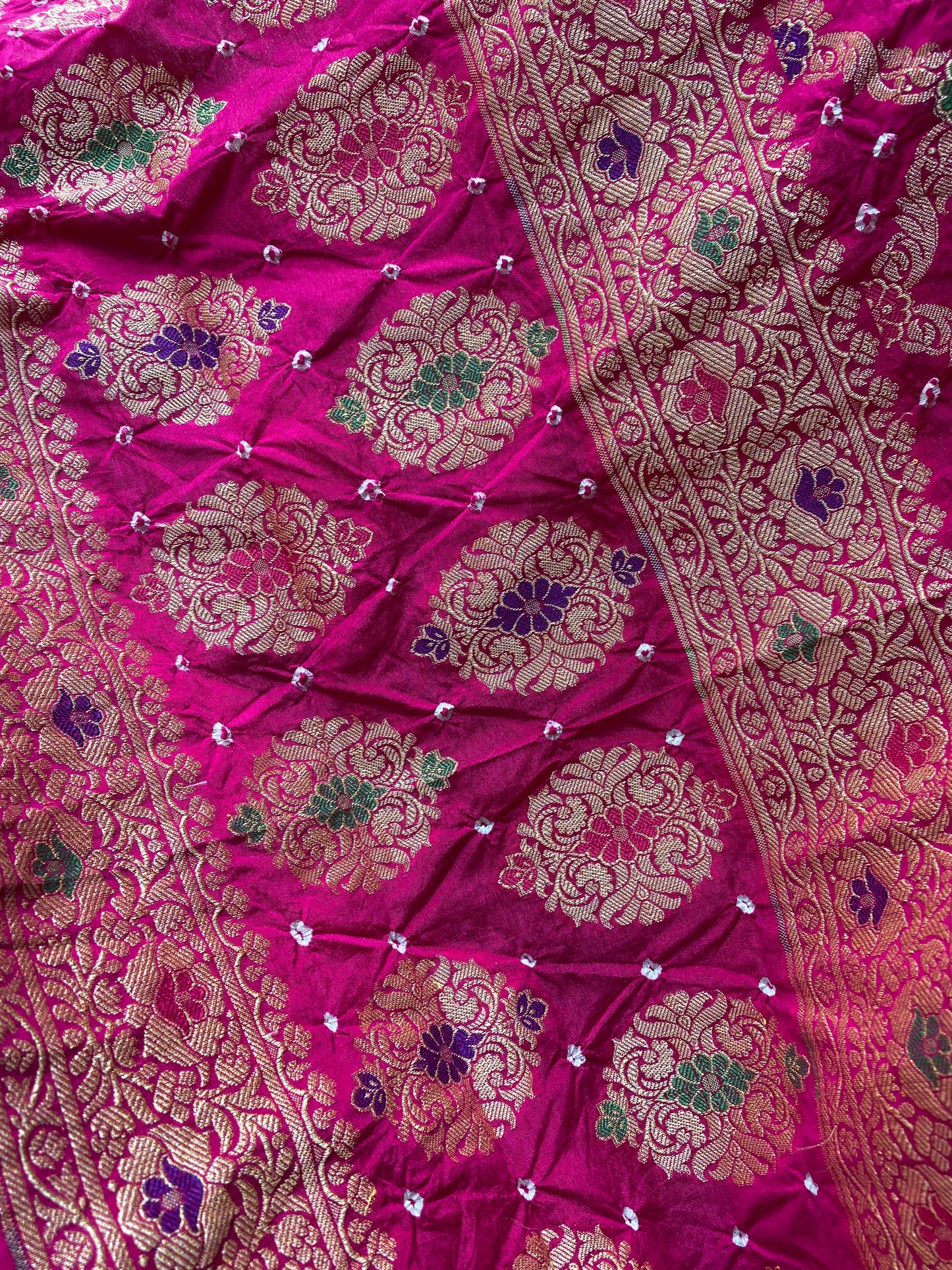 Rani Pink Chiffon Banarasi Bandhani Saree with Minakari Work by Shades Of Banaras - banarasi - banarasi saree shop - banarasi saree manufacturers - banarasi saree wholesale - banaraasi sarees