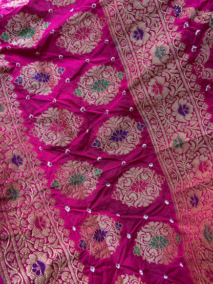 Rani Pink Chiffon Banarasi Bandhani Saree with Minakari Work by Shades Of Banaras - banarasi - banarasi saree shop - banarasi saree manufacturers - banarasi saree wholesale - banaraasi sarees