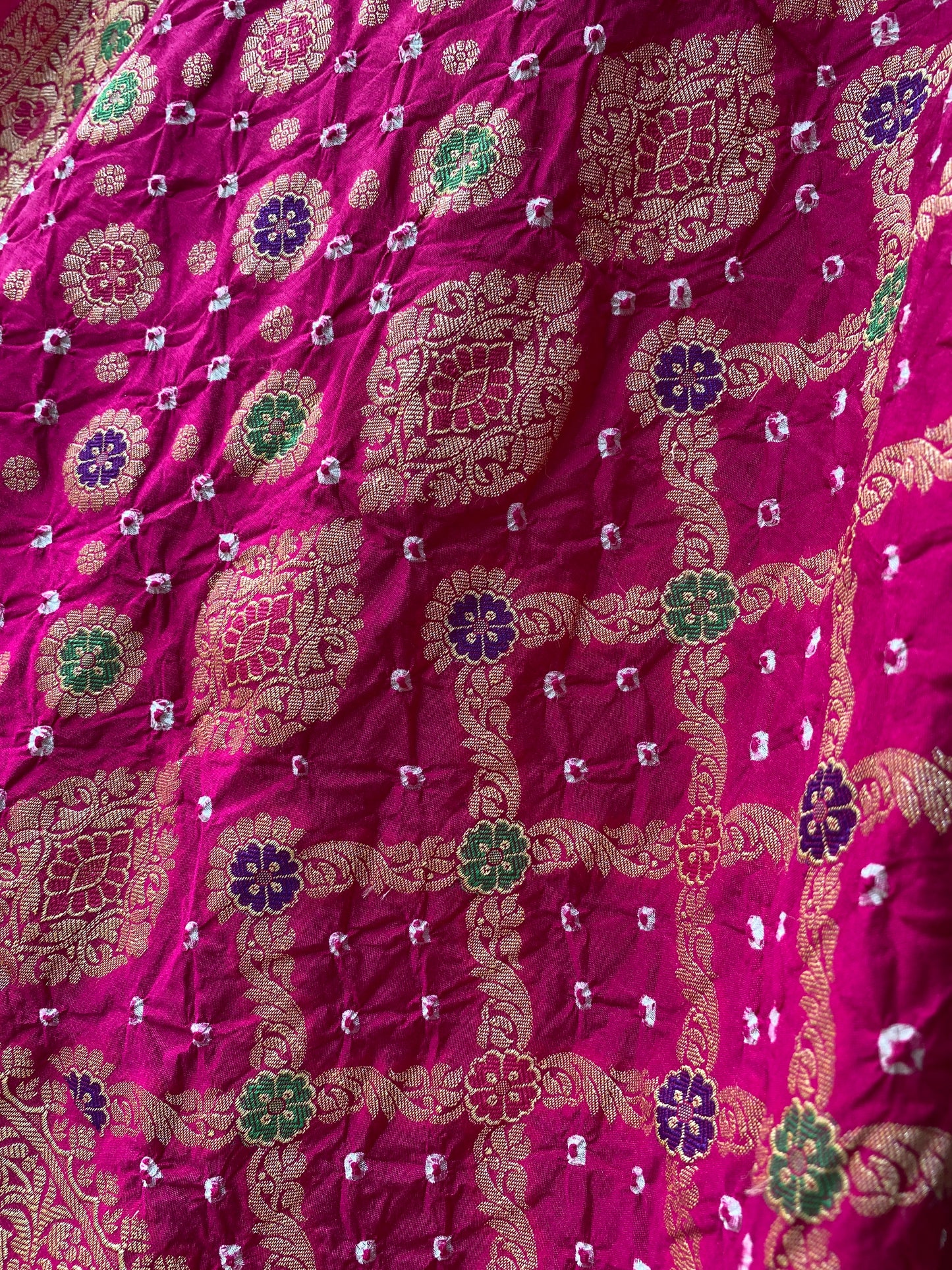 Rani Pink Chiffon Banarasi Bandhani Saree with Minakari Work by Shades Of Banaras - banarasi - banarasi saree shop - banarasi saree manufacturers - banarasi saree wholesale - banaraasi sarees