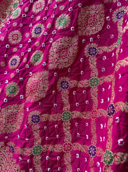 Rani Pink Chiffon Banarasi Bandhani Saree with Minakari Work by Shades Of Banaras - banarasi - banarasi saree shop - banarasi saree manufacturers - banarasi saree wholesale - banaraasi sarees