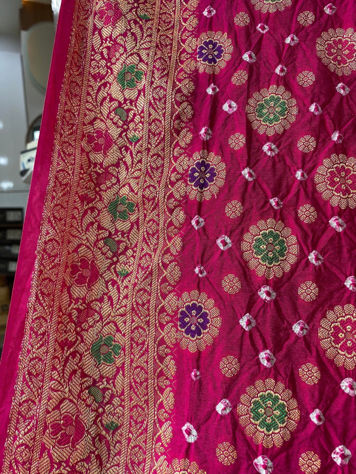 Rani Pink Chiffon Banarasi Bandhani Saree with Minakari Work by Shades Of Banaras - banarasi - banarasi saree shop - banarasi saree manufacturers - banarasi saree wholesale - banaraasi sarees