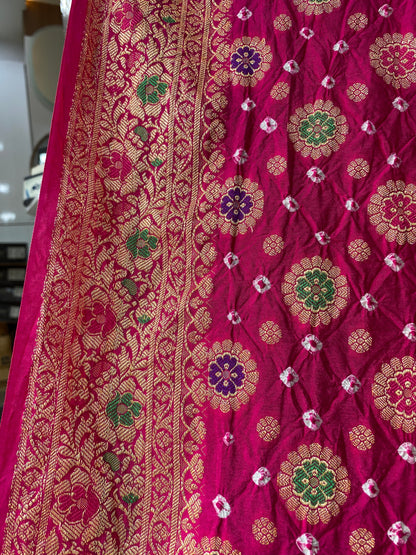 Rani Pink Chiffon Banarasi Bandhani Saree with Minakari Work by Shades Of Banaras - banarasi - banarasi saree shop - banarasi saree manufacturers - banarasi saree wholesale - banaraasi sarees