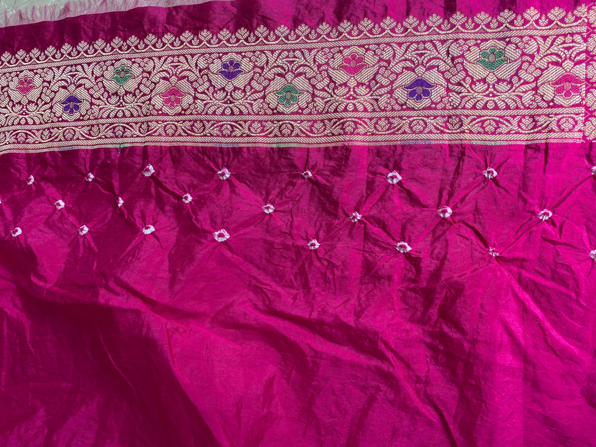 Rani Pink Chiffon Banarasi Bandhani Saree with Minakari Work by Shades Of Banaras - banarasi - banarasi saree shop - banarasi saree manufacturers - banarasi saree wholesale - banaraasi sarees