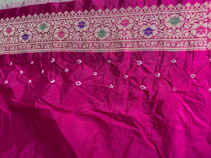 Rani Pink Chiffon Banarasi Bandhani Saree with Minakari Work by Shades Of Banaras - banarasi - banarasi saree shop - banarasi saree manufacturers - banarasi saree wholesale - banaraasi sarees